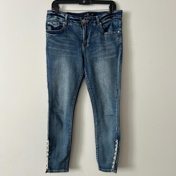Blue skinny jeans with pearl beads detailing on‎ the ankles Size 10 - Picture 1 of 5